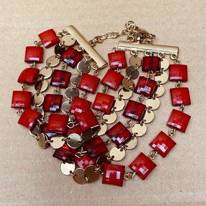 EUC Macy's 5-Strand Bracelet, Clear & Red Squares, Gold Chain, 1 3/4" W x 7" L+